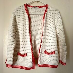 Boden White Woven Open-Front Cardigan Red Trim 100% Cotton SZ Large (B2)